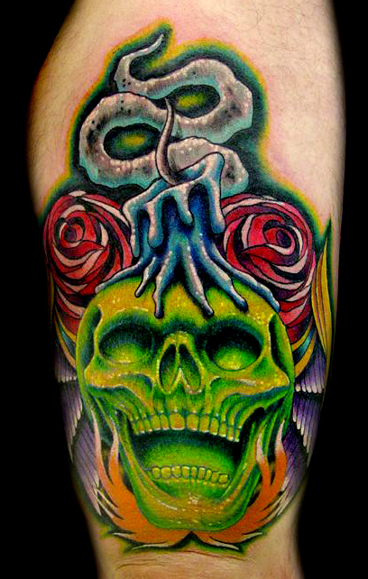 Tattoos - Fine Line tattoos - skull,rose,candle,wing morph